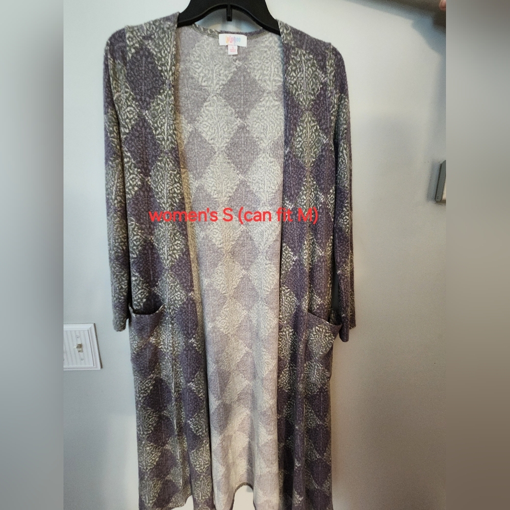 Long cardigan, purple and gray